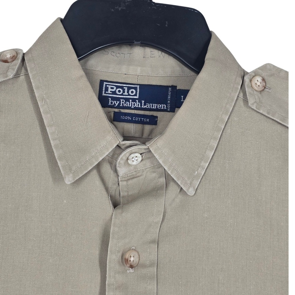 Vtg Y2K Polo Ralph Lauren Shirt Mens L Khaki Cotton Twill Safari Epaulette LS - Picture 5 of 11